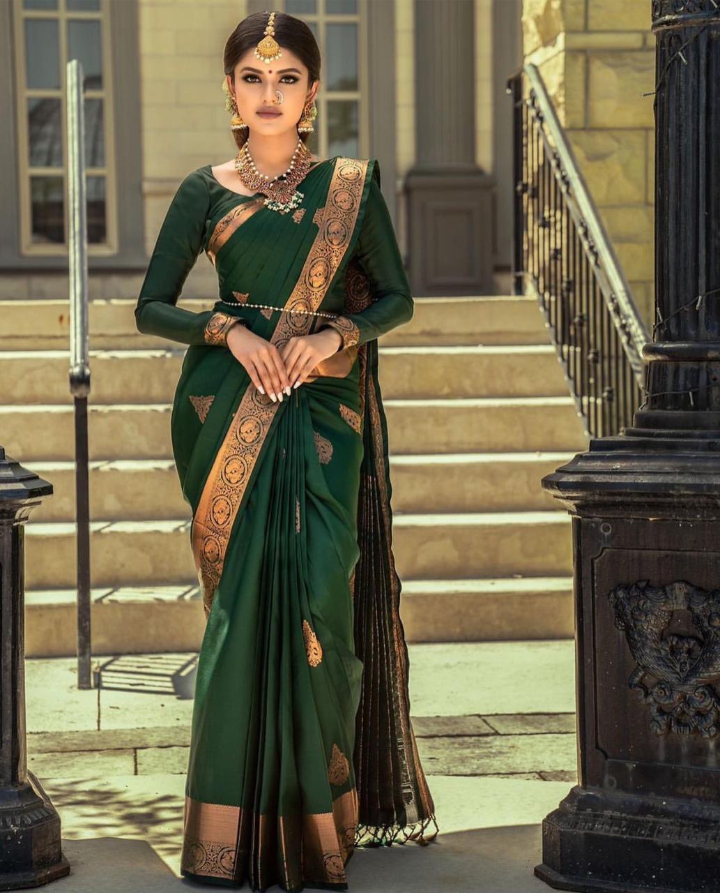 Green Soft Silk Banarasi Saree with Meena Work