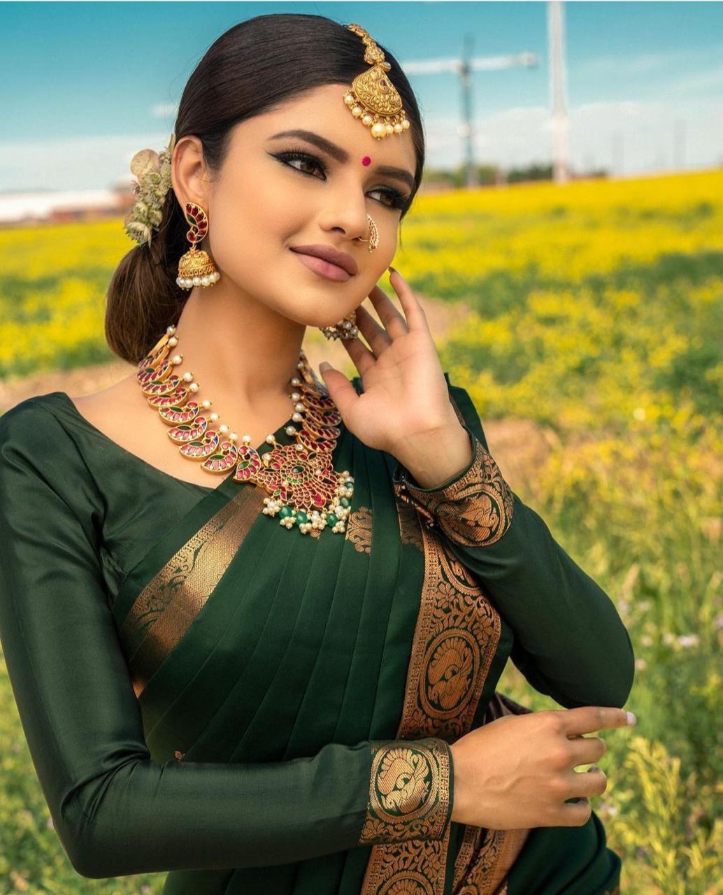 Green Soft Silk Banarasi Saree with Meena Work