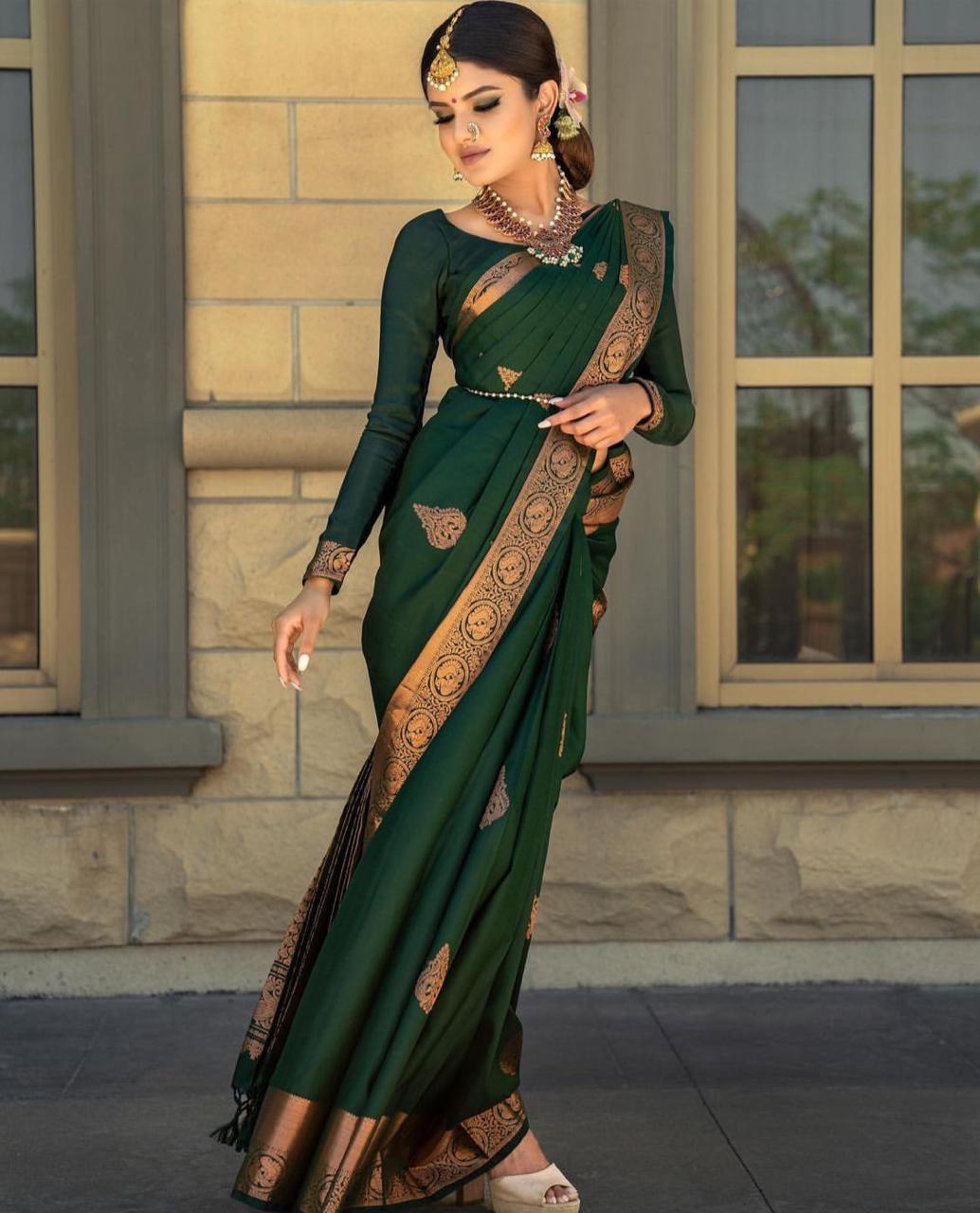 Green Soft Silk Banarasi Saree with Meena Work