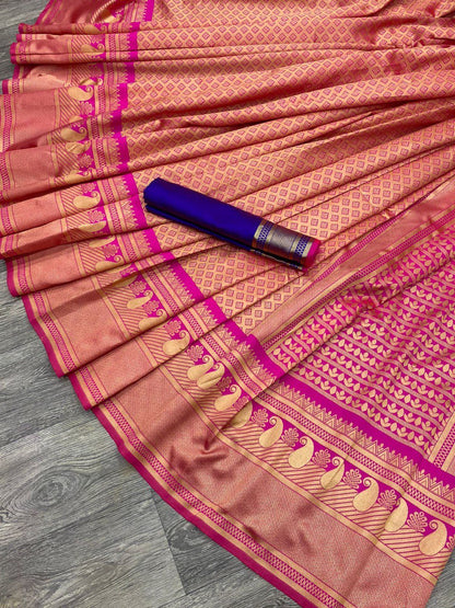 Kanchipuram Banarasi Saree with Golden Weaving Zari Thread Borders