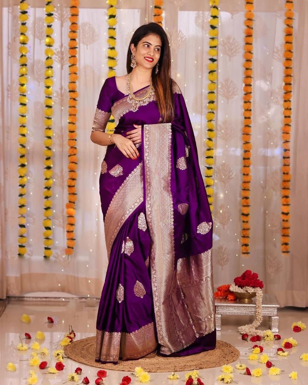 Blue Soft Lichi Silk Linen Saree with Zari Woven Design