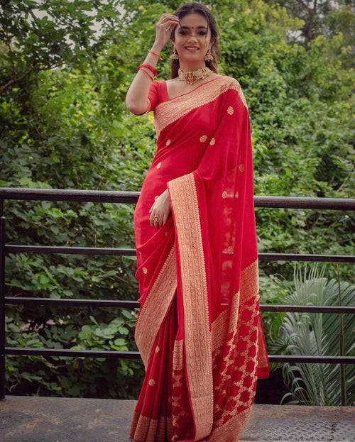 Red Kanjivaram Jacquard Silk Saree with Blouse