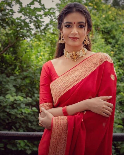 Red Kanjivaram Jacquard Silk Saree with Blouse