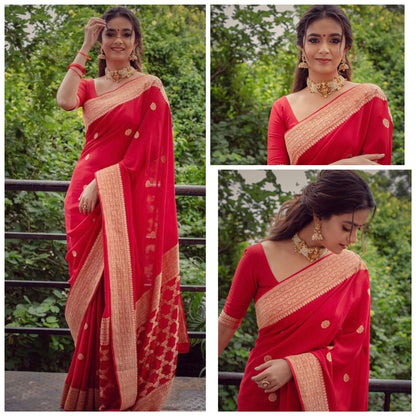Red Kanjivaram Jacquard Silk Saree with Blouse