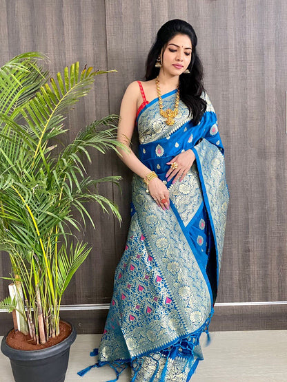 Blue Soft Silk jacquard Saree with Zari Weaving Work