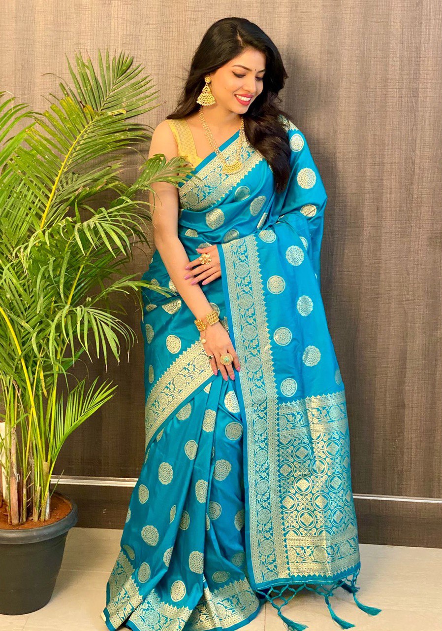 Blue Pure Banarasi Soft Silk Saree with Beautiful Tassels