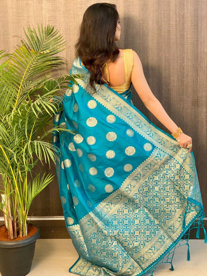 Blue Pure Banarasi Soft Silk Saree with Beautiful Tassels