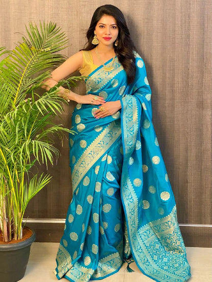 Blue Pure Banarasi Soft Silk Saree with Beautiful Tassels