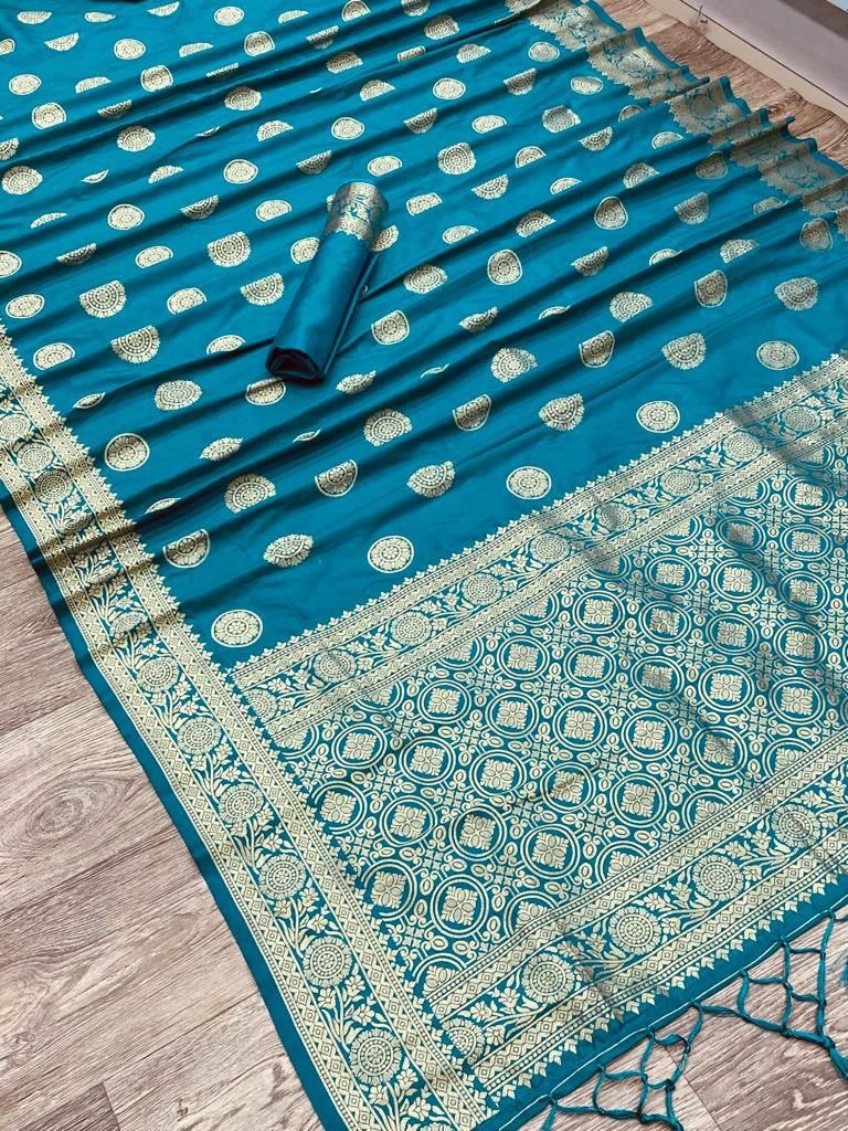 Blue Pure Banarasi Soft Silk Saree with Beautiful Tassels