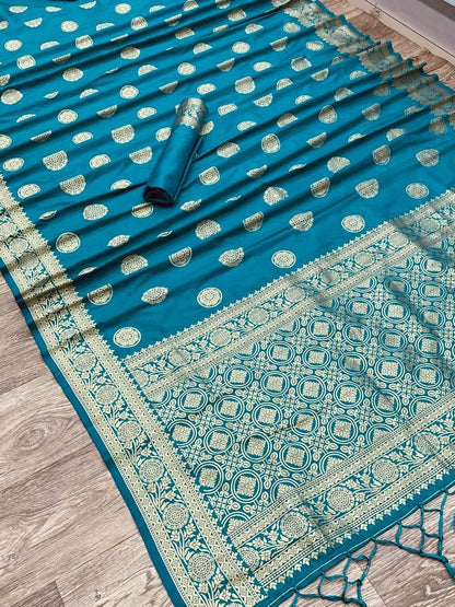Blue Pure Banarasi Soft Silk Saree with Beautiful Tassels