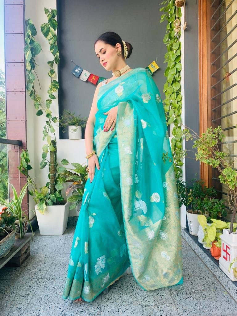 Woven Bollywood Organza Saree  (Light Blue)