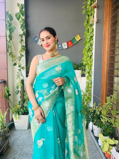 Woven Bollywood Organza Saree  (Light Blue)