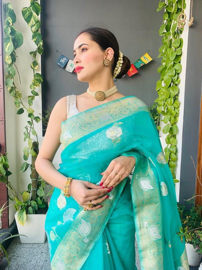 Woven Bollywood Organza Saree  (Light Blue)