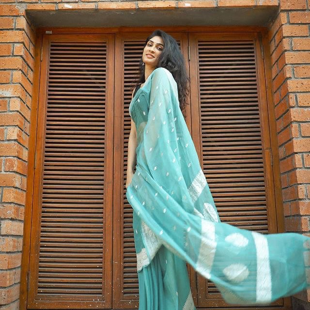 Mint Green Cotton Linen Saree with Embroidery Work