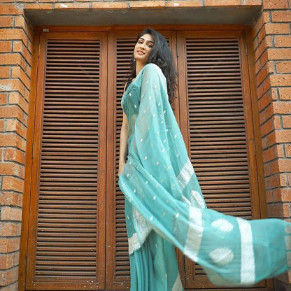 Mint Green Cotton Linen Saree with Embroidery Work