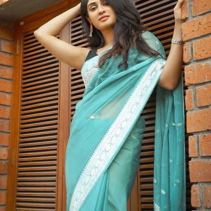 Mint Green Cotton Linen Saree with Embroidery Work