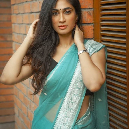 Mint Green Cotton Linen Saree with Embroidery Work
