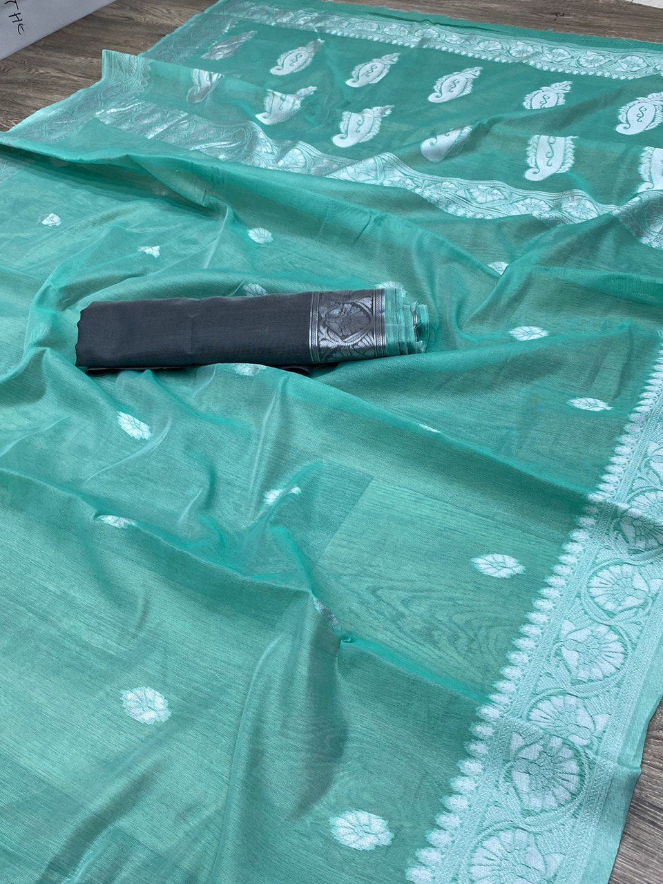 Mint Green Cotton Linen Saree with Embroidery Work