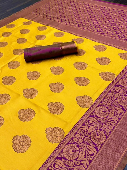 Yellow Kadwa Weave Lichi Silk Saree for Women