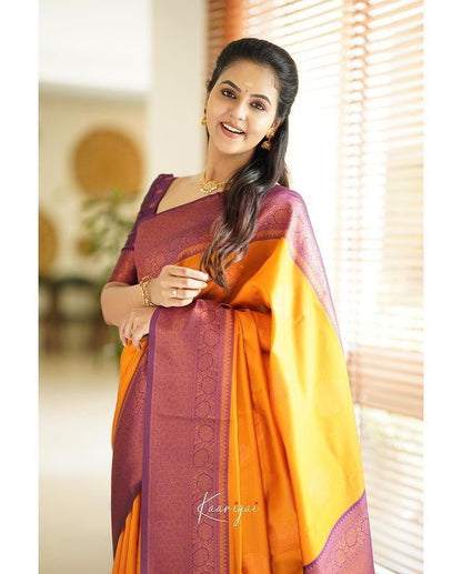 Yellow Kadwa Weave Lichi Silk Saree for Women