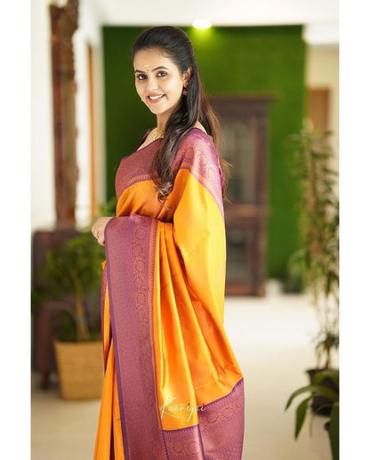 Yellow Kadwa Weave Lichi Silk Saree for Women