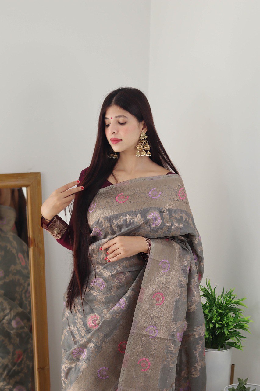 Grey Kanjivaram Organza Silk Saree for Wedding