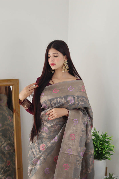 Grey Kanjivaram Organza Silk Saree for Wedding