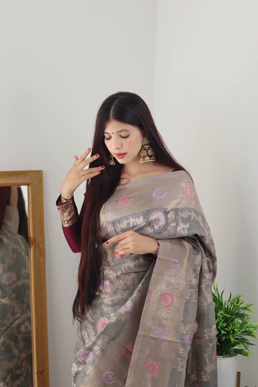 Grey Kanjivaram Organza Silk Saree for Wedding