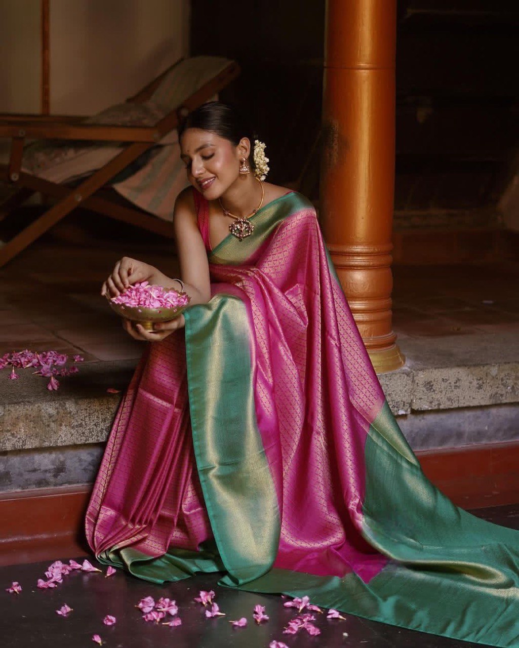 Pink Lichi Silk Banarasi pink saree for women