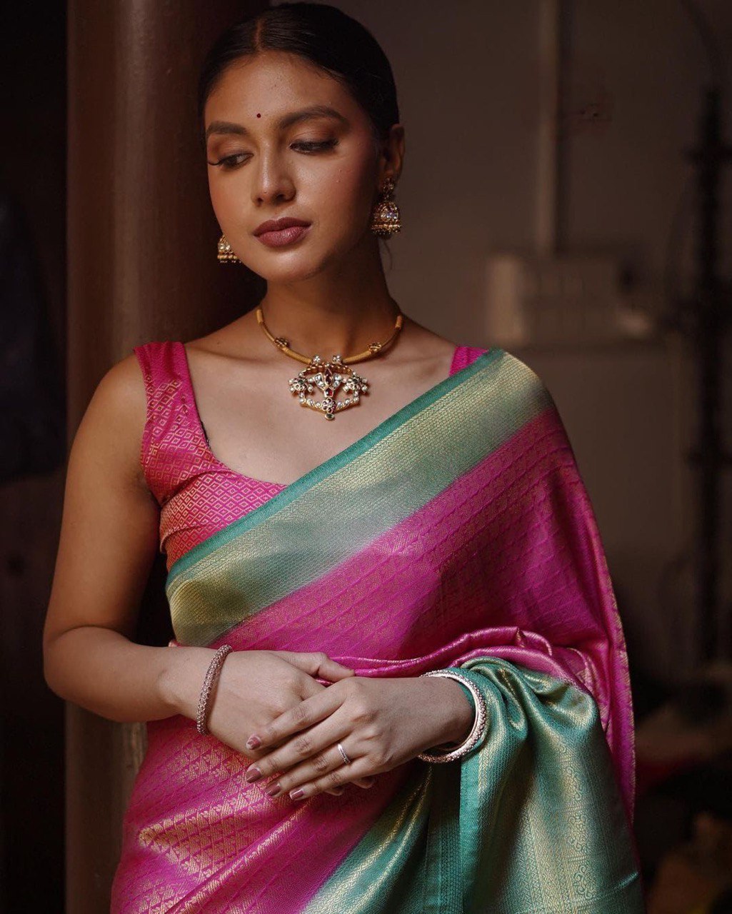 Pink Lichi Silk Banarasi pink saree for women