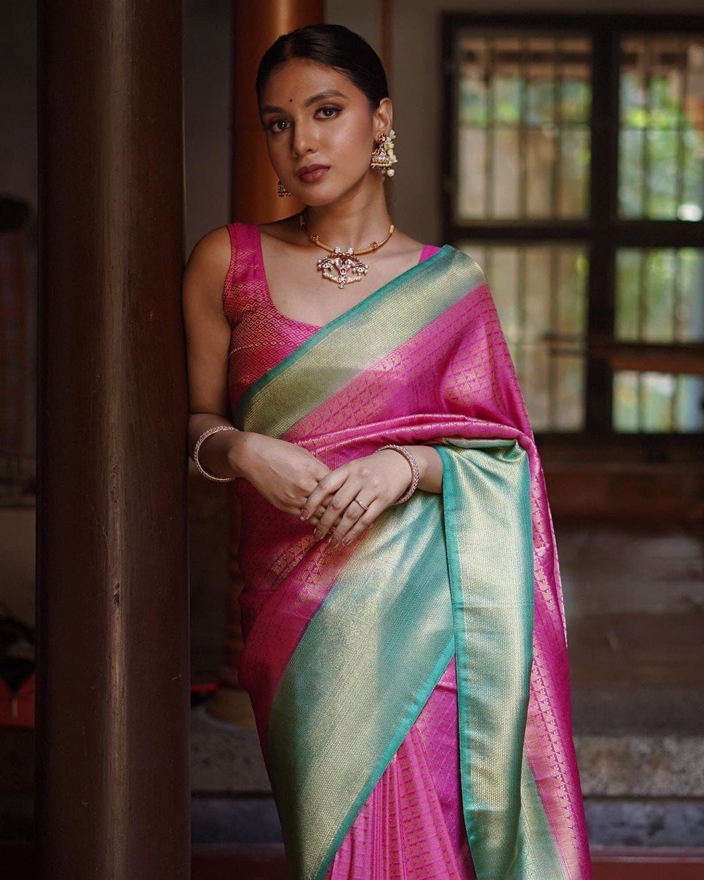 Pink Lichi Silk Banarasi pink saree for women