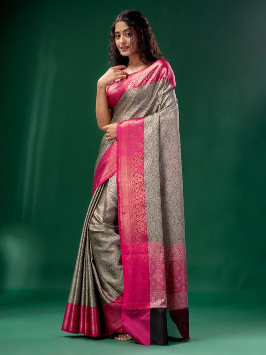 Grey Banarasi Soft Lichi Silk Saree for Wedding