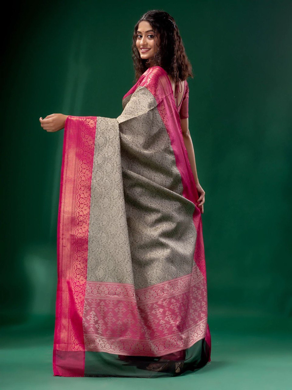 Grey Banarasi Soft Lichi Silk Saree for Wedding