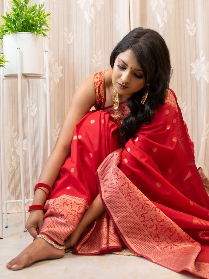 Red Soft Lichi Silk Banarasi Saree