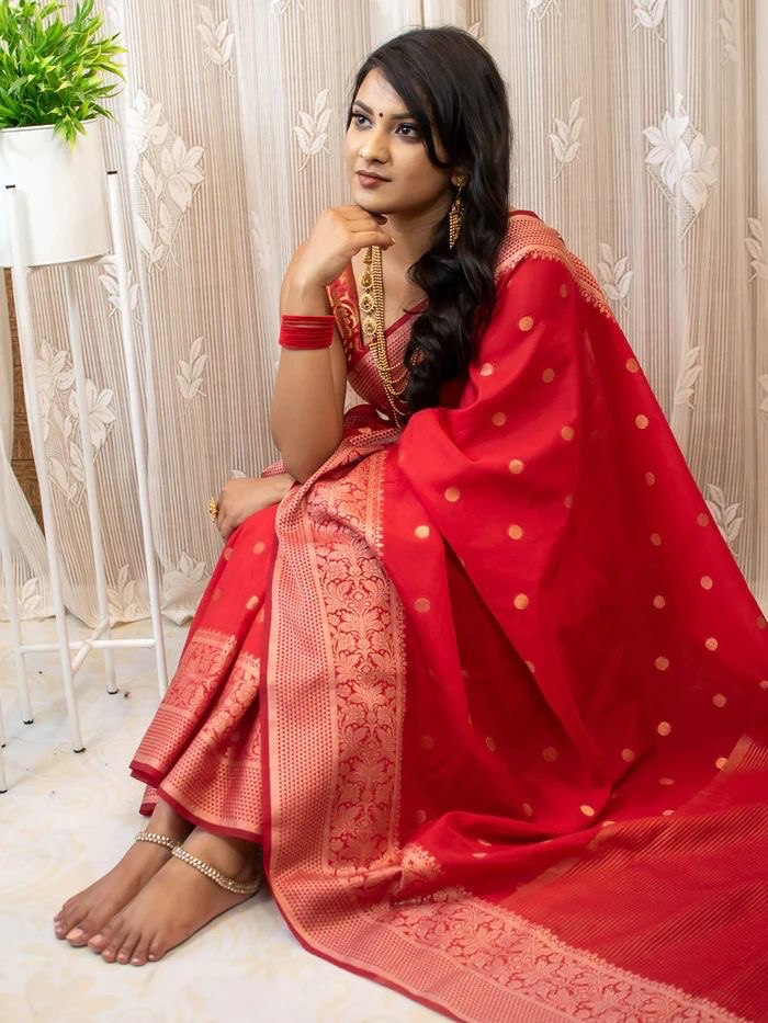 Red Soft Lichi Silk Banarasi Saree