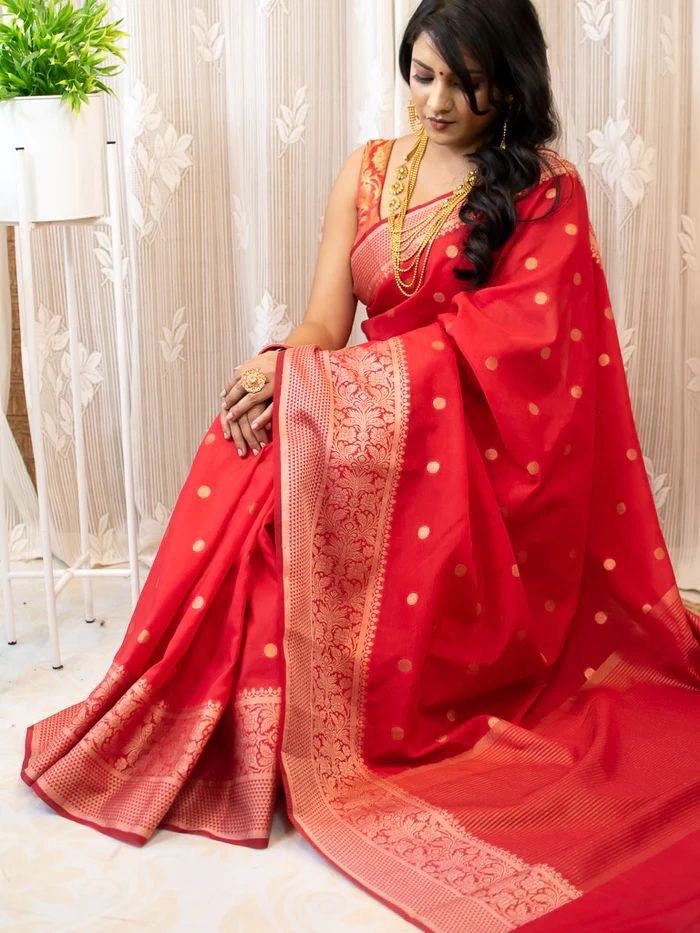 Red Soft Lichi Silk Banarasi Saree