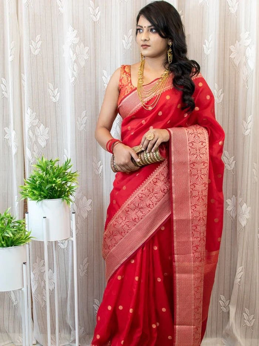 Red Soft Lichi Silk Banarasi Saree