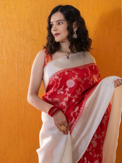 White & Red Banarasi Saree With Jacquard Work Border