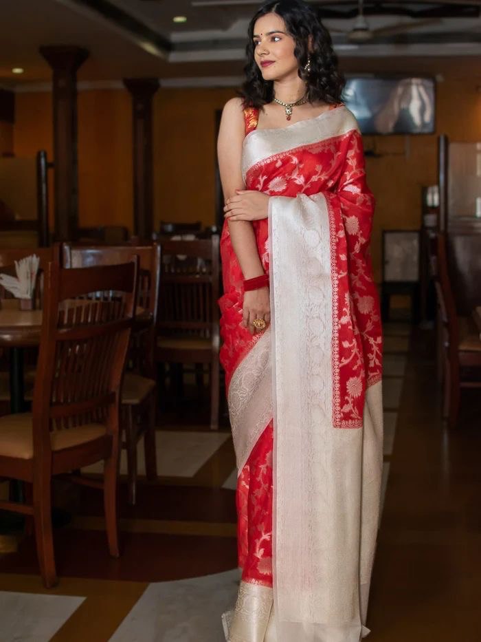 White & Red Banarasi Saree With Jacquard Work Border