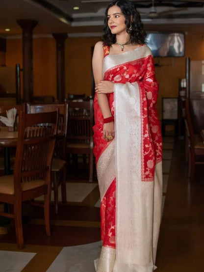 White & Red Banarasi Saree With Jacquard Work Border