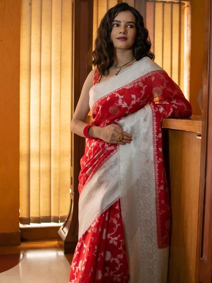 White & Red Banarasi Saree With Jacquard Work Border
