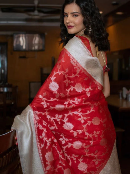 White & Red Banarasi Saree With Jacquard Work Border