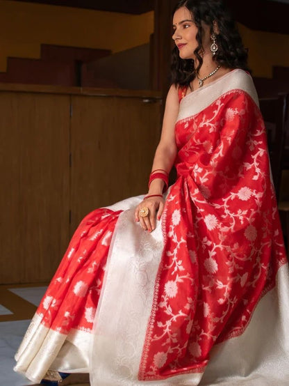 White & Red Banarasi Saree With Jacquard Work Border
