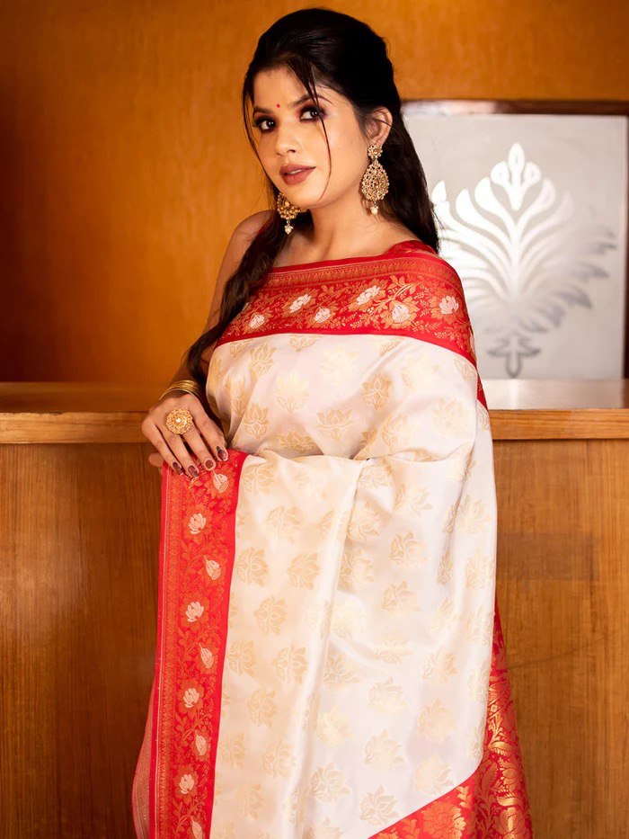 Red & White Soft Lichi Silk Saree For Puja