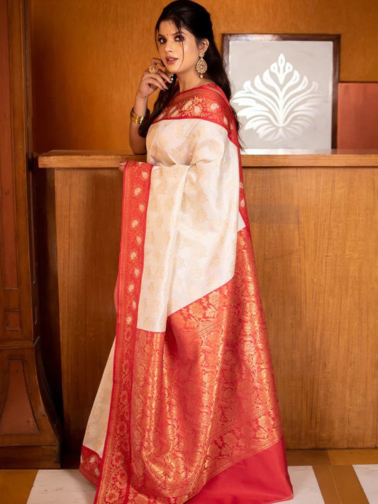 Red & White Soft Lichi Silk Saree For Puja