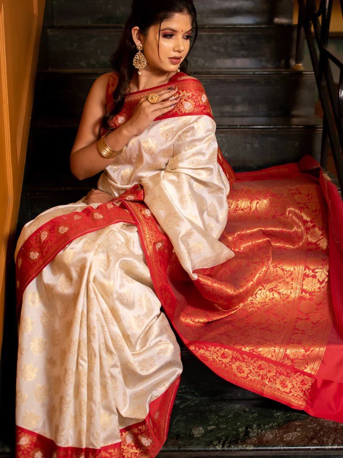 Red & White Soft Lichi Silk Saree For Puja