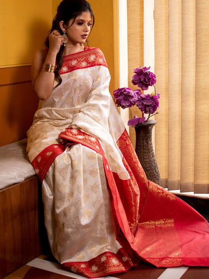 Red & White Soft Lichi Silk Saree For Puja