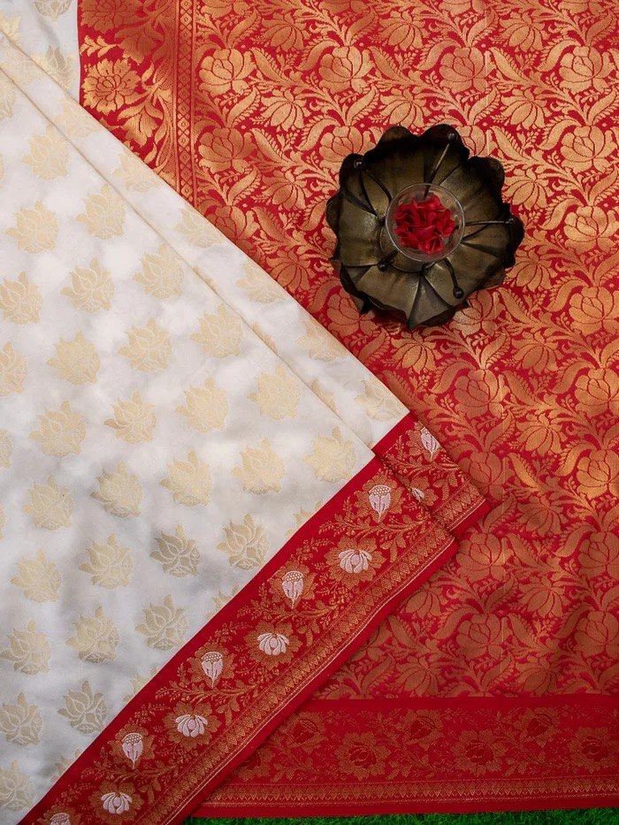 Red & White Soft Lichi Silk Saree For Puja