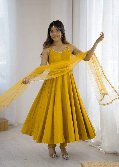 Kishika Yellow Color Anarkali Suit Set [Sleeves Fabric Attached]