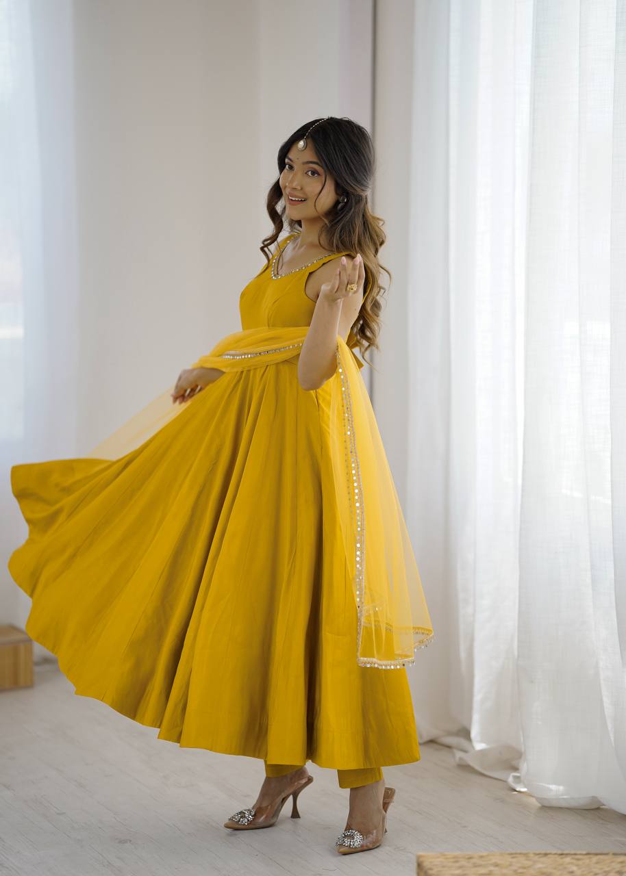 Kishika Yellow Color Anarkali Suit Set [Sleeves Fabric Attached]